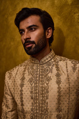 BEIGE MONGA BOOTI SHERWANI SET