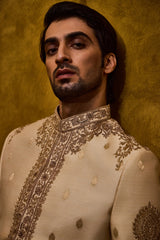 BEIGE MONGA BANARASI BOOTI SHERWANI SET