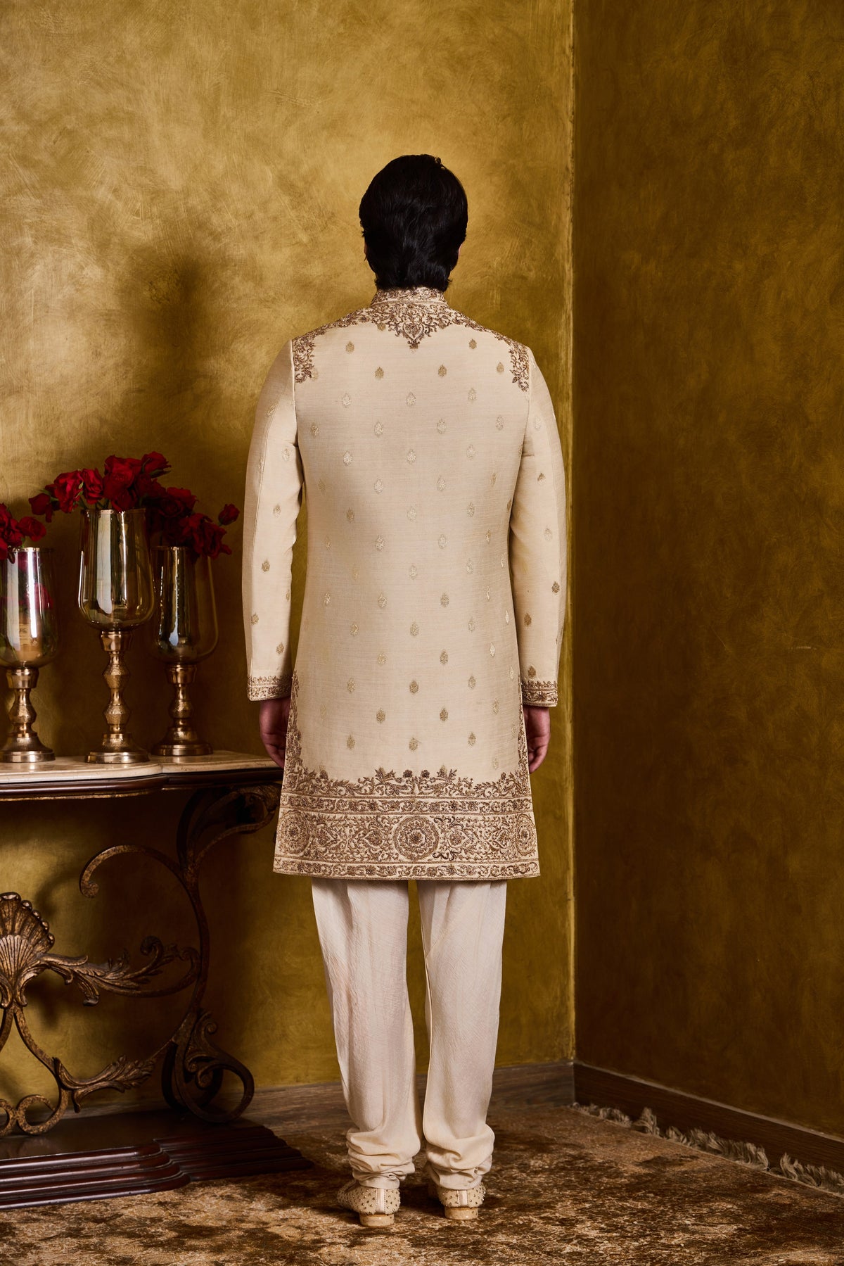 BEIGE MONGA BANARASI BOOTI SHERWANI SET