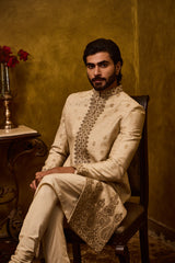 BEIGE WOVEN MONGA BOOTI SHERWANI SET