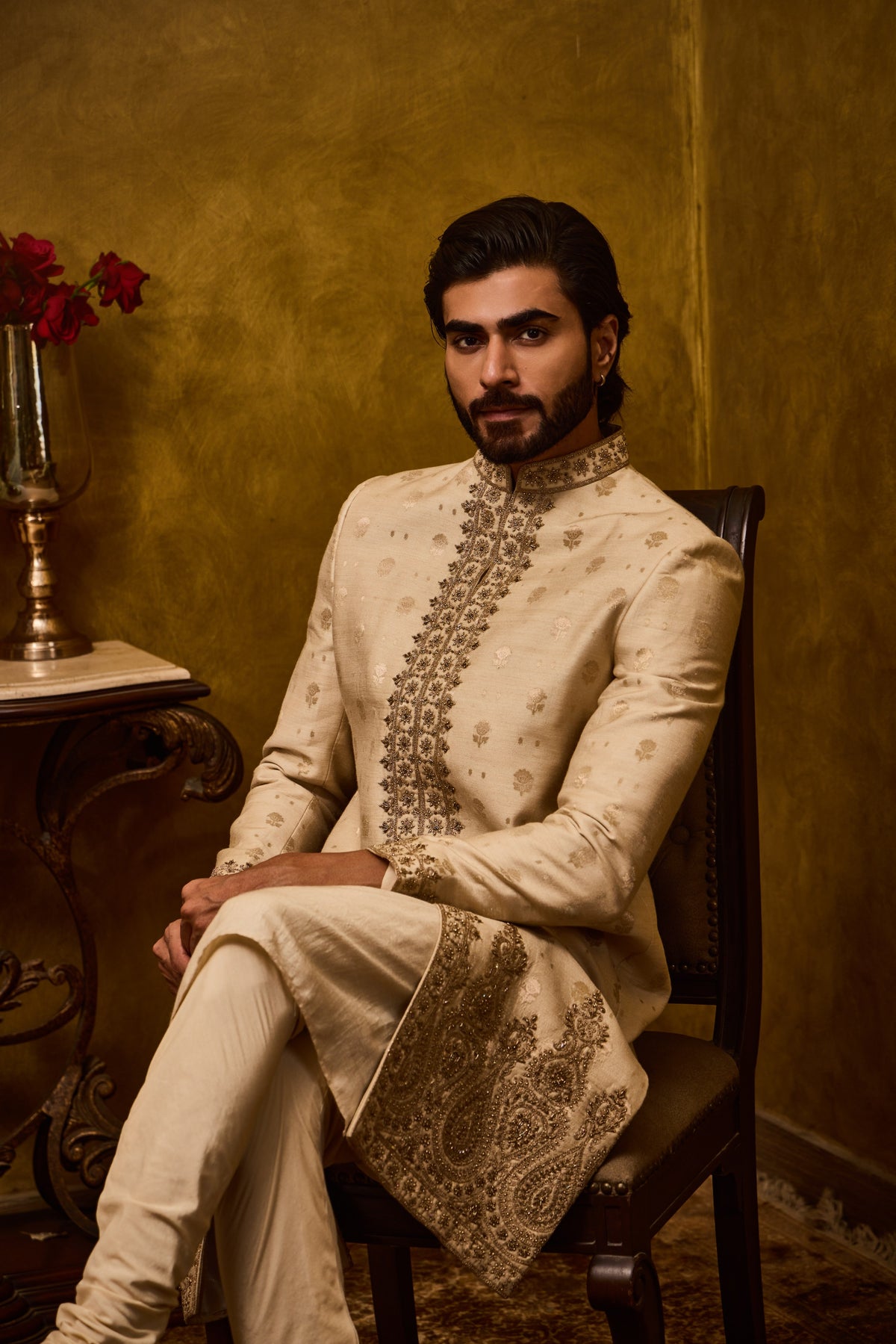 BEIGE WOVEN MONGA BOOTI SHERWANI SET