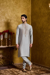 GREY GREEN COTTON SILK KURTA CHURIDAR SET