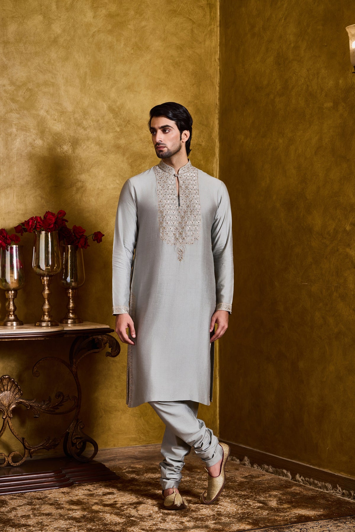 GREY GREEN COTTON SILK KURTA CHURIDAR SET
