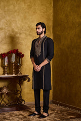 BLACK COTTON SILK KURTA CHURIDAR KASAB EMBROIDERY SET