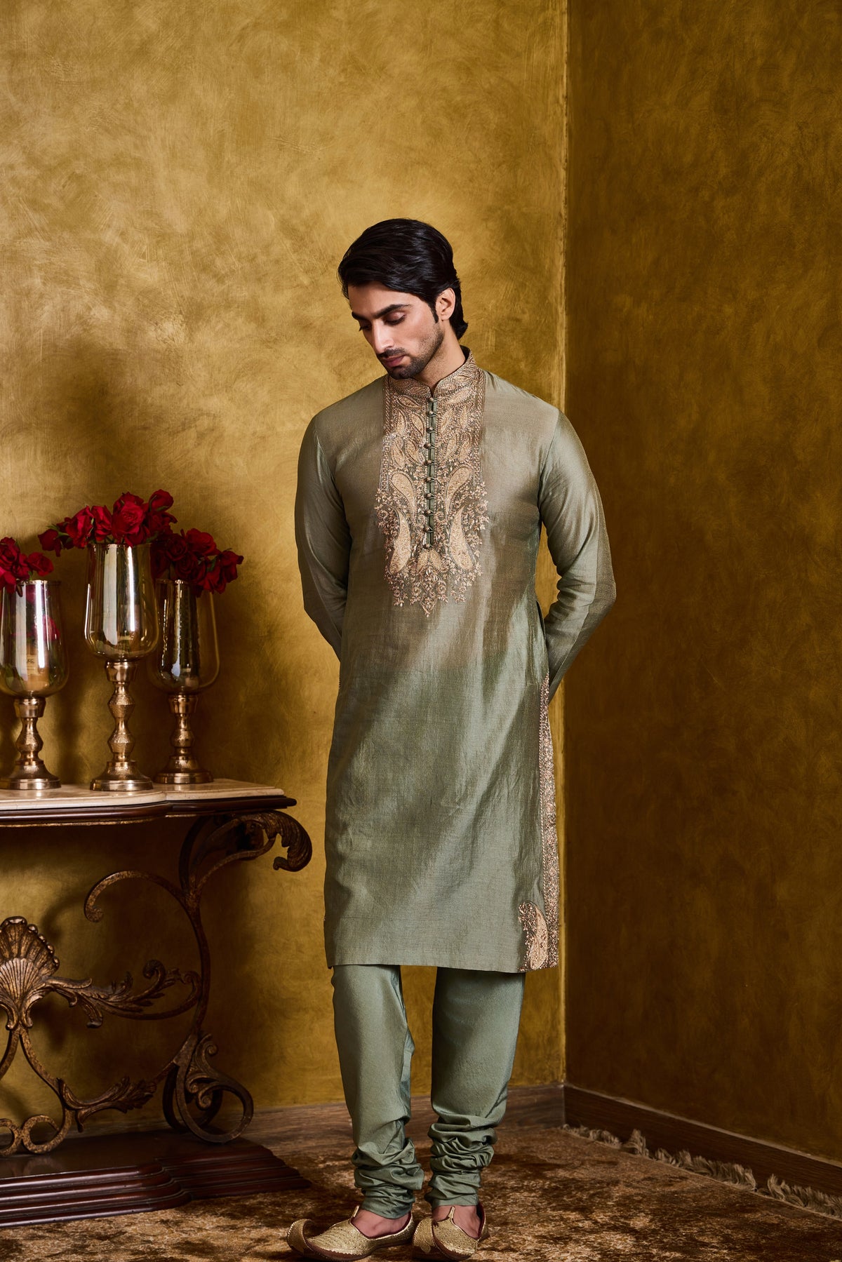 DARK OLIVE GREEN CHANDERI KURTA CHURIDAR SET