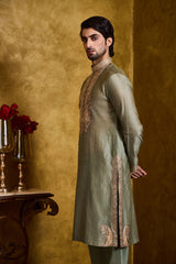 DARK OLIVE GREEN CHANDERI KURTA CHURIDAR SET