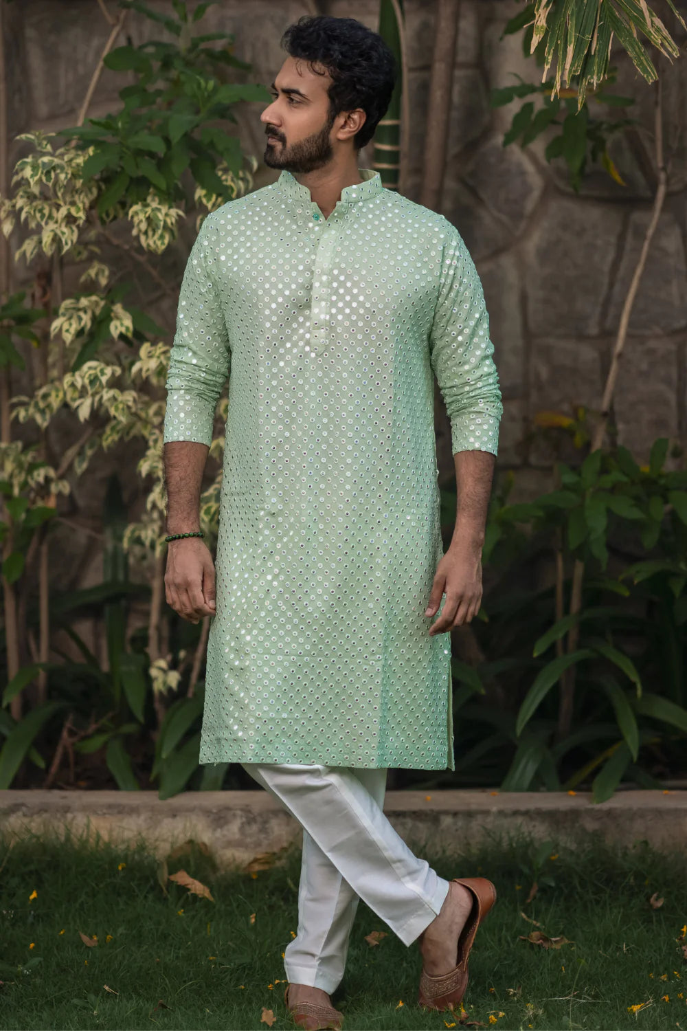 Pista Green Mirror Work Designer Kurta