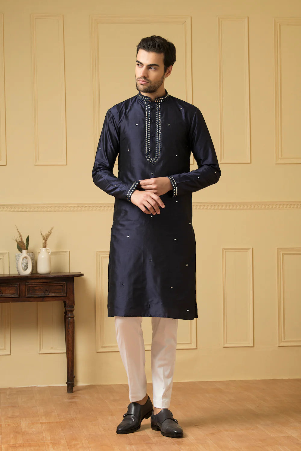 Exquisite Mid night blue silk mirror kurta