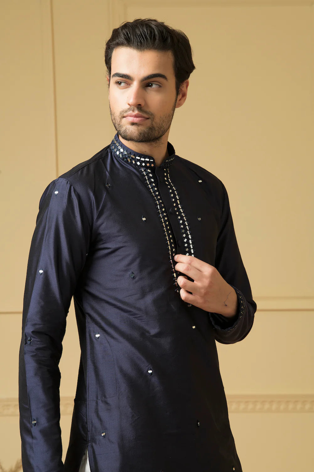 Exquisite Mid night blue silk mirror kurta