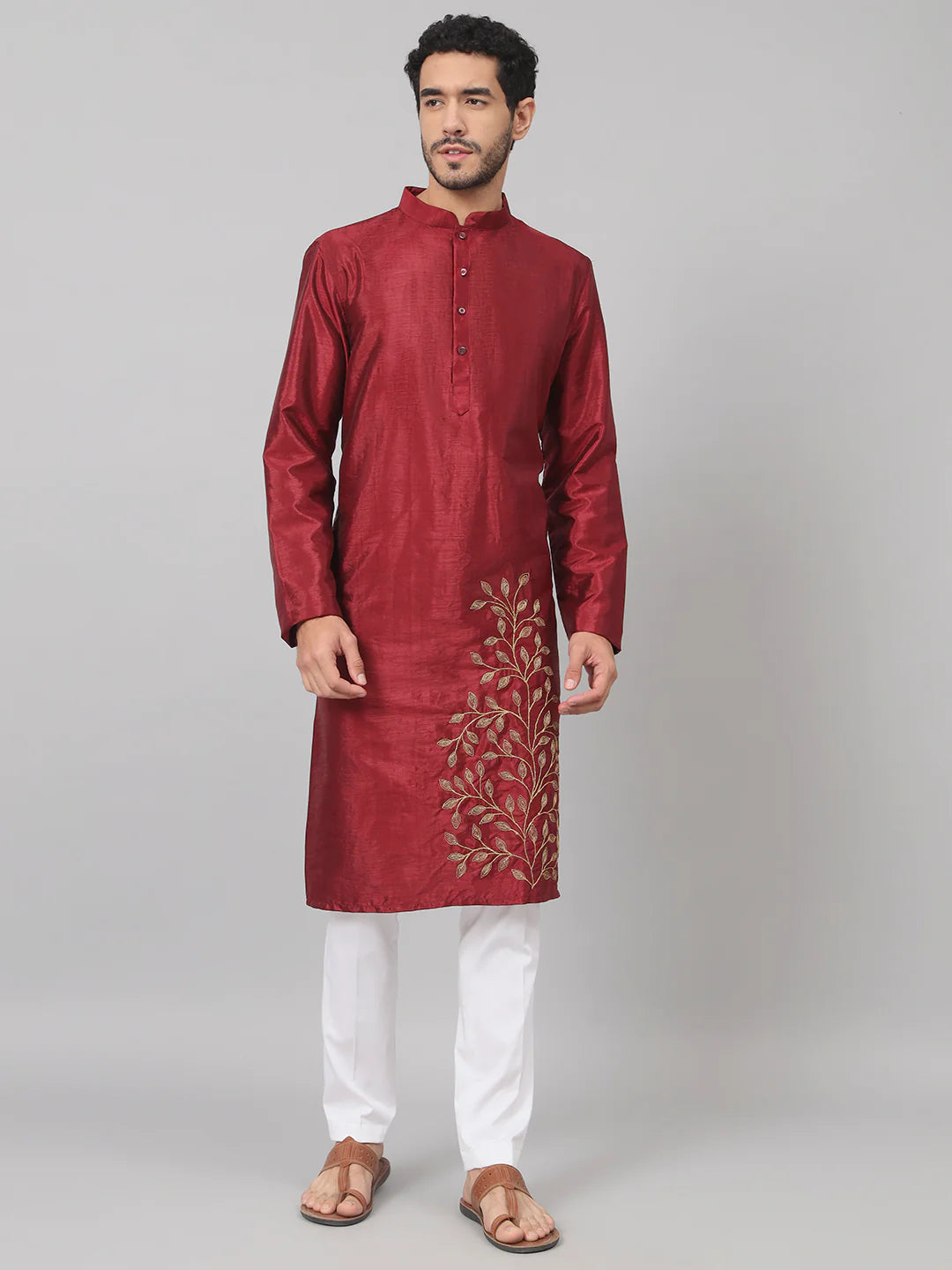 Marrom Classic silk kurta with Leaves embroidery