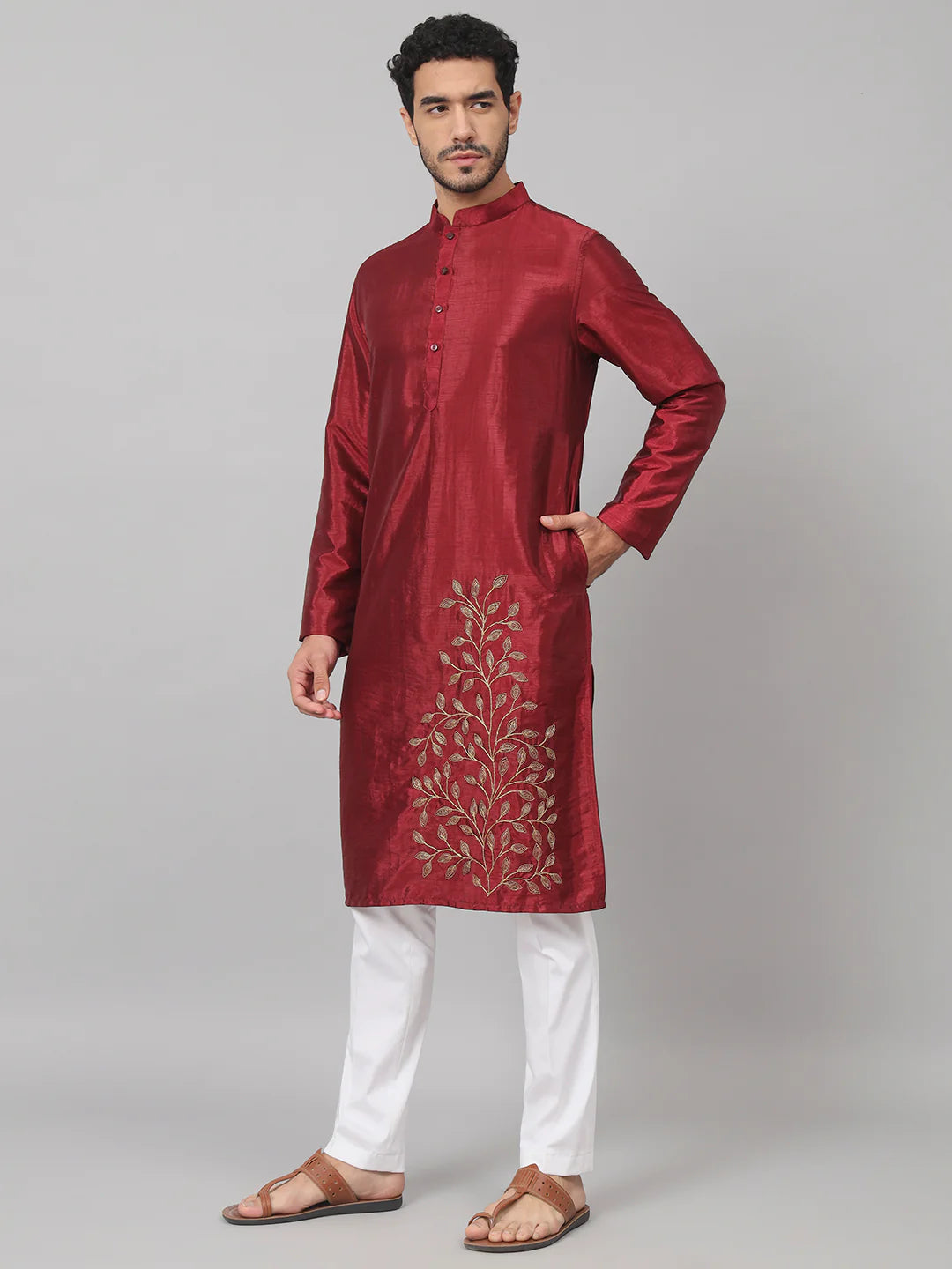 Marrom Classic silk kurta with Leaves embroidery