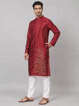 Marrom Classic silk kurta with Leaves embroidery