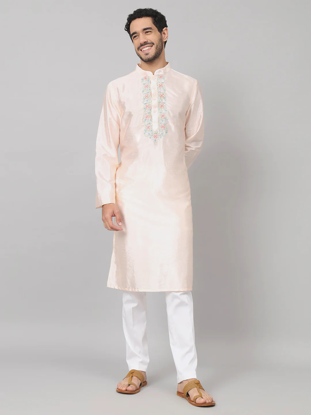 Oxlip Pastels neckline embroidered silk kurta