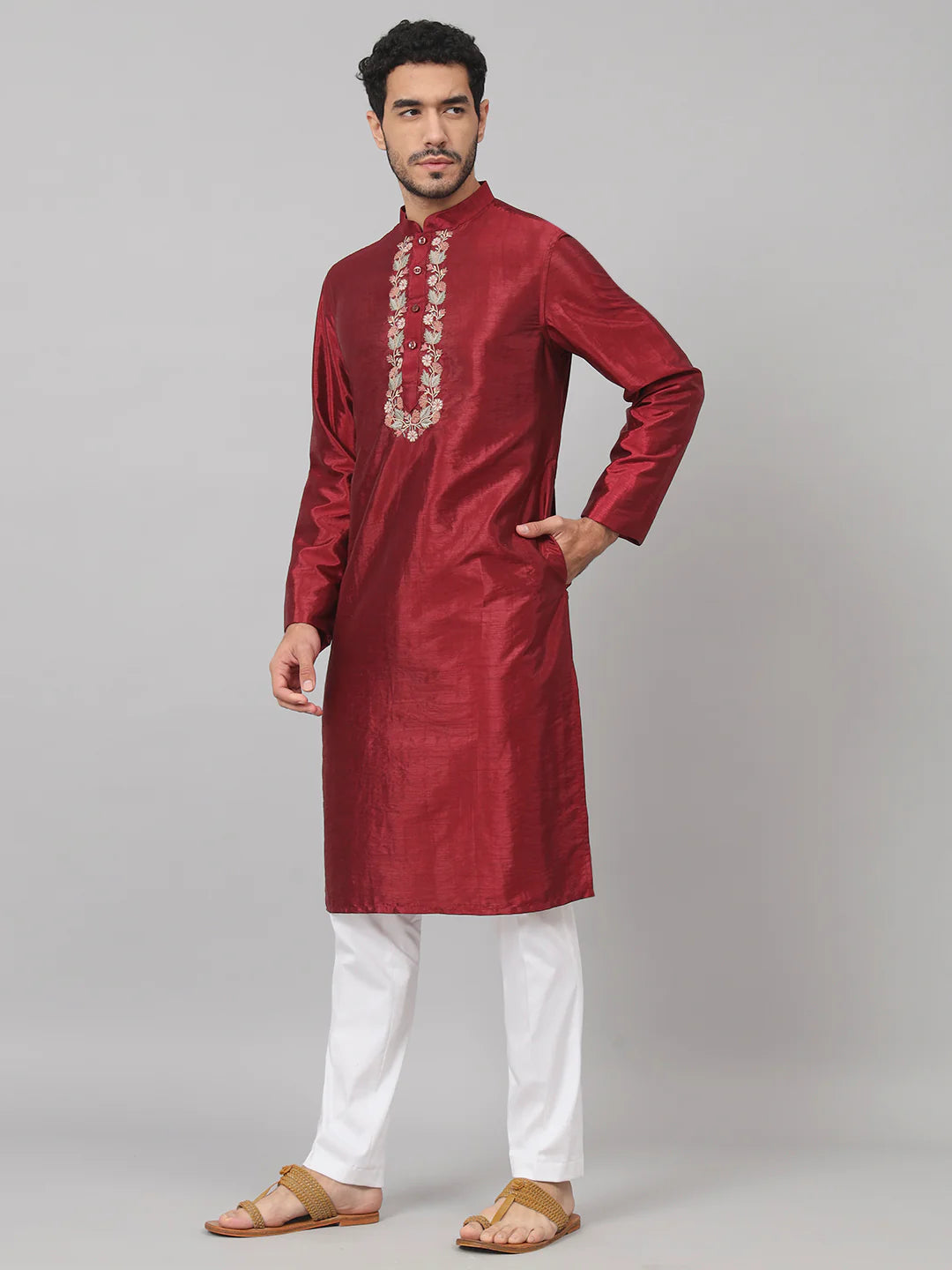 Claret Traditional neckline embroidered silk kurta