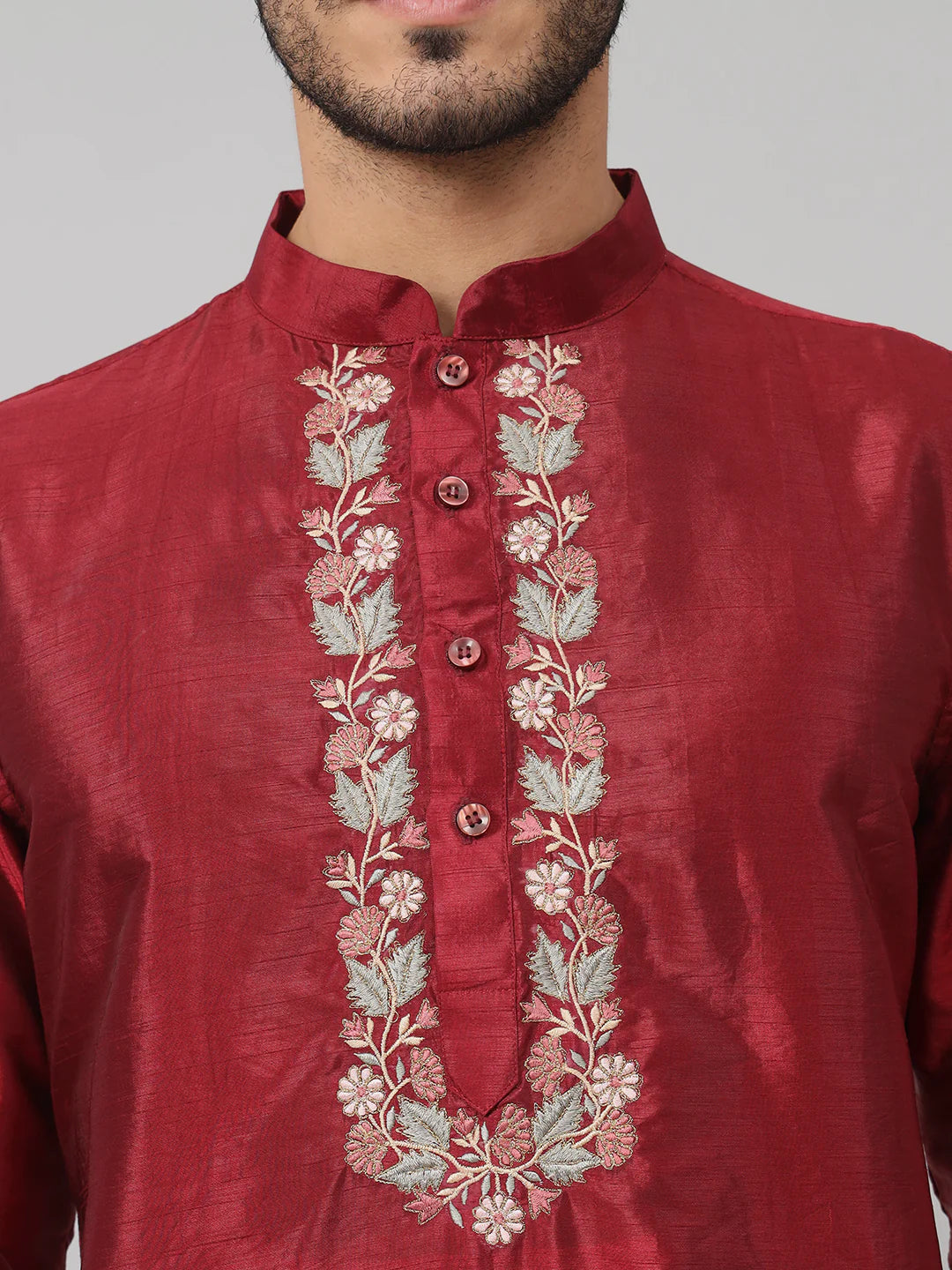 Claret Traditional neckline embroidered silk kurta