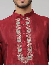 Claret Traditional neckline embroidered silk kurta