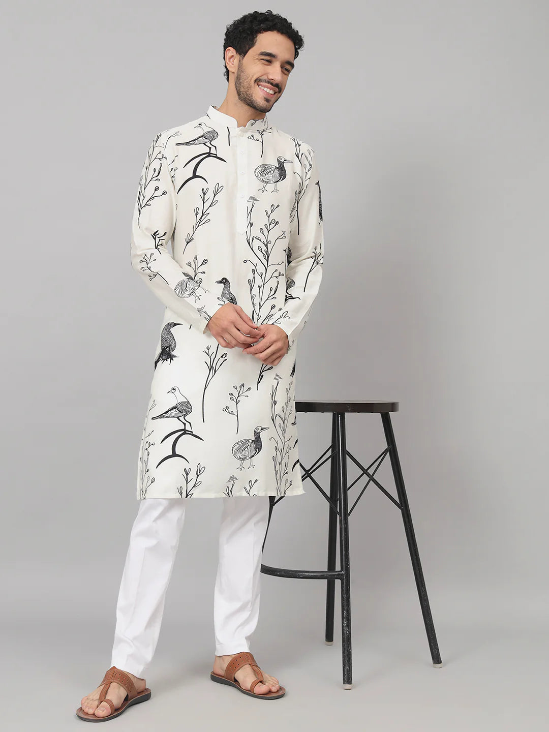 Feathered Birds Print Cotton Kurta