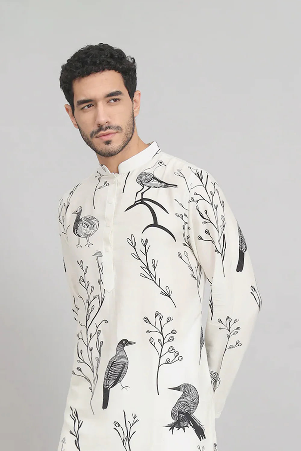 Feathered Birds Print Cotton Kurta