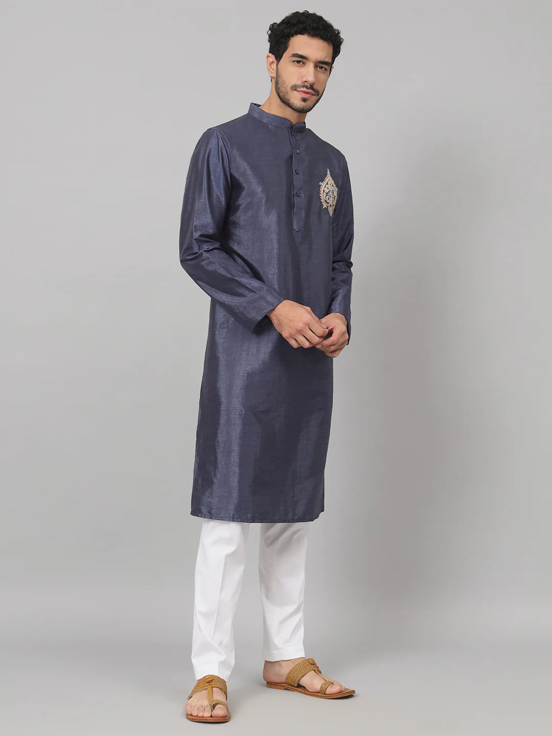 Cyan Classic silk kurta with motif embroidery