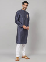 Cyan Classic silk kurta with motif embroidery