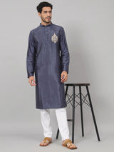 Cyan Classic silk kurta with motif embroidery