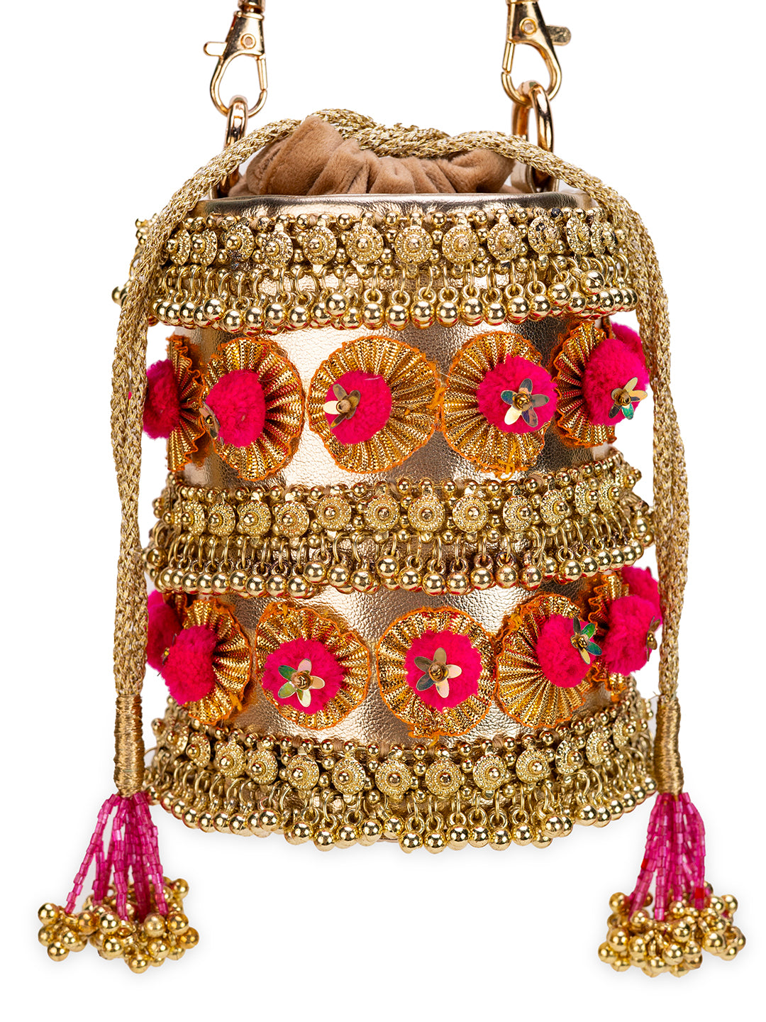 gold pompom handbag