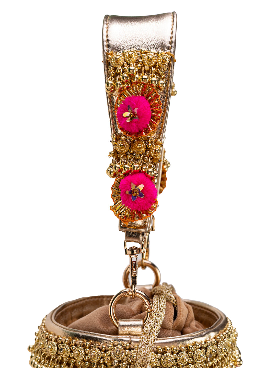 gold pompom handbag