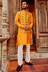 Haldi Raw Silk Mirror Embellished Bundi Set