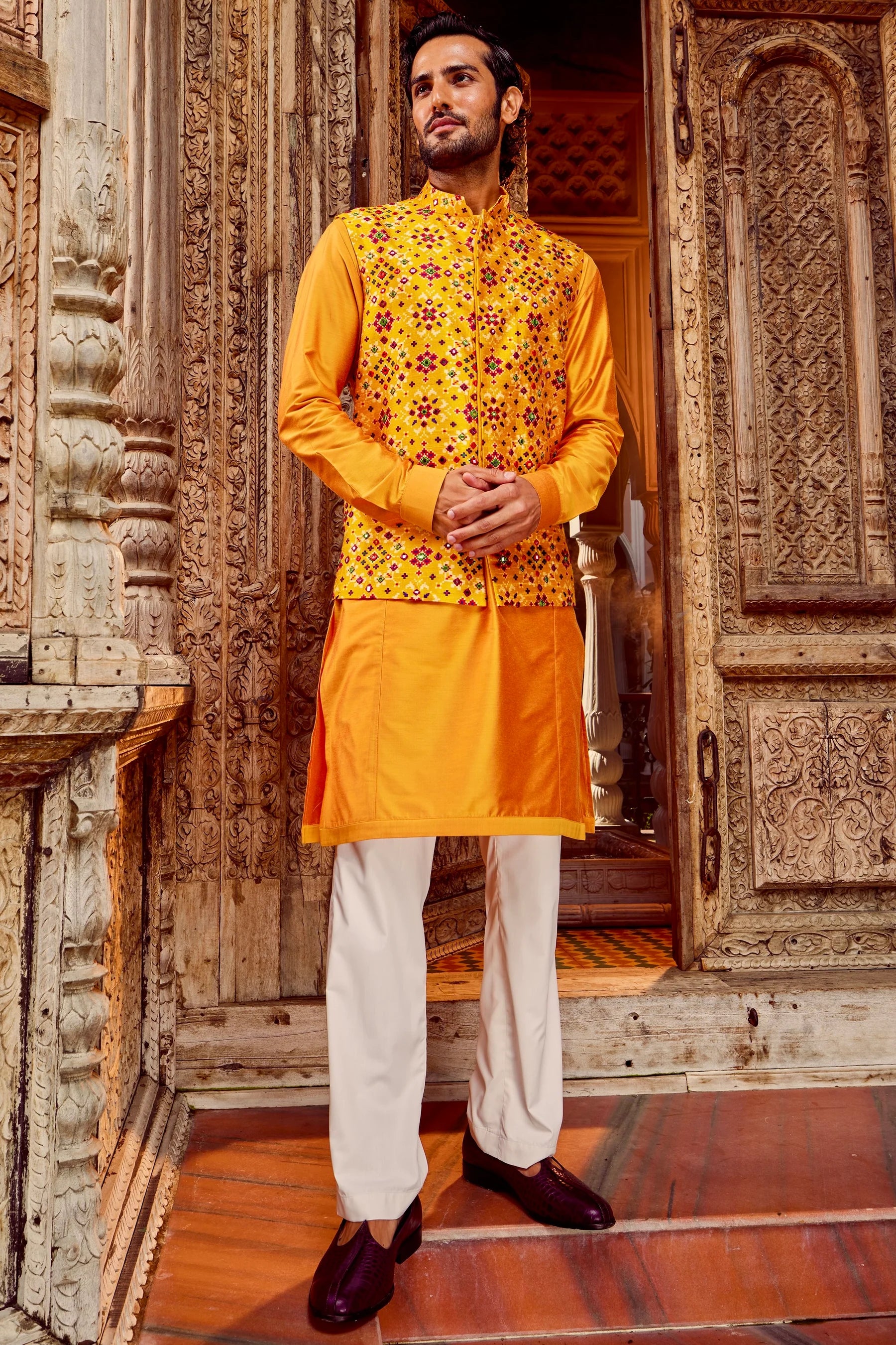 Haldi Raw Silk Mirror Embellished Bundi Set