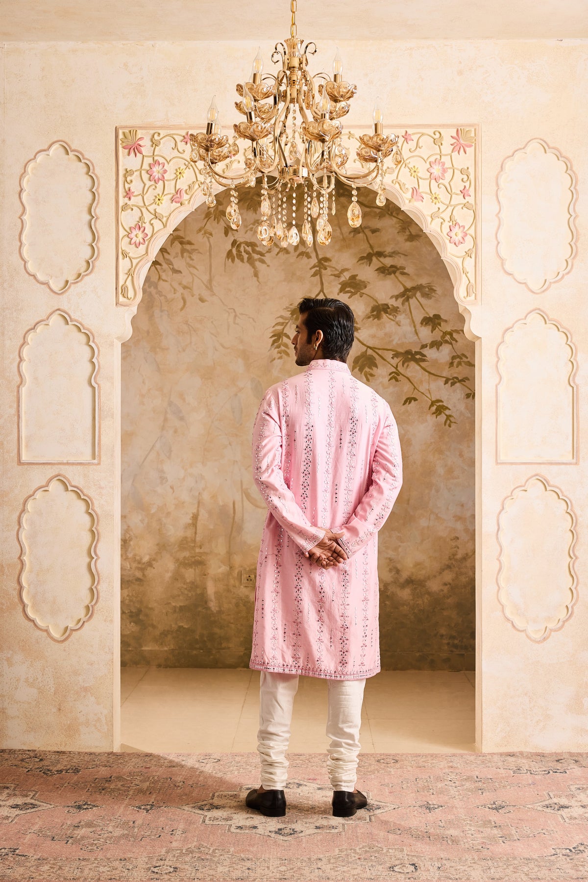EMBROIDERED PINK MIRRORWORK KURTA WITH CHURIDAR