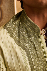 EMBROIDERED SAGE GREEN PINTUCKED KURTA WITH CHURIDAR