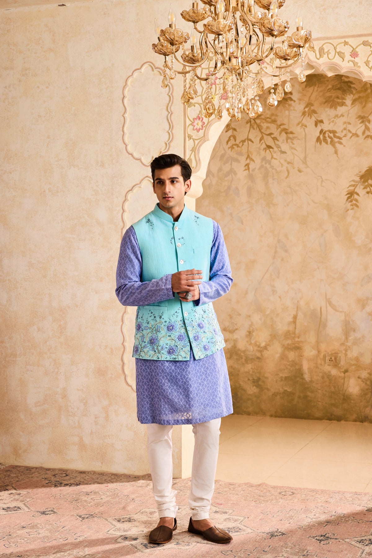 TURQ 3-D EMBROIDERED FLORAL WORK BUNDI WITH BLUE KURTA CHURIDAR