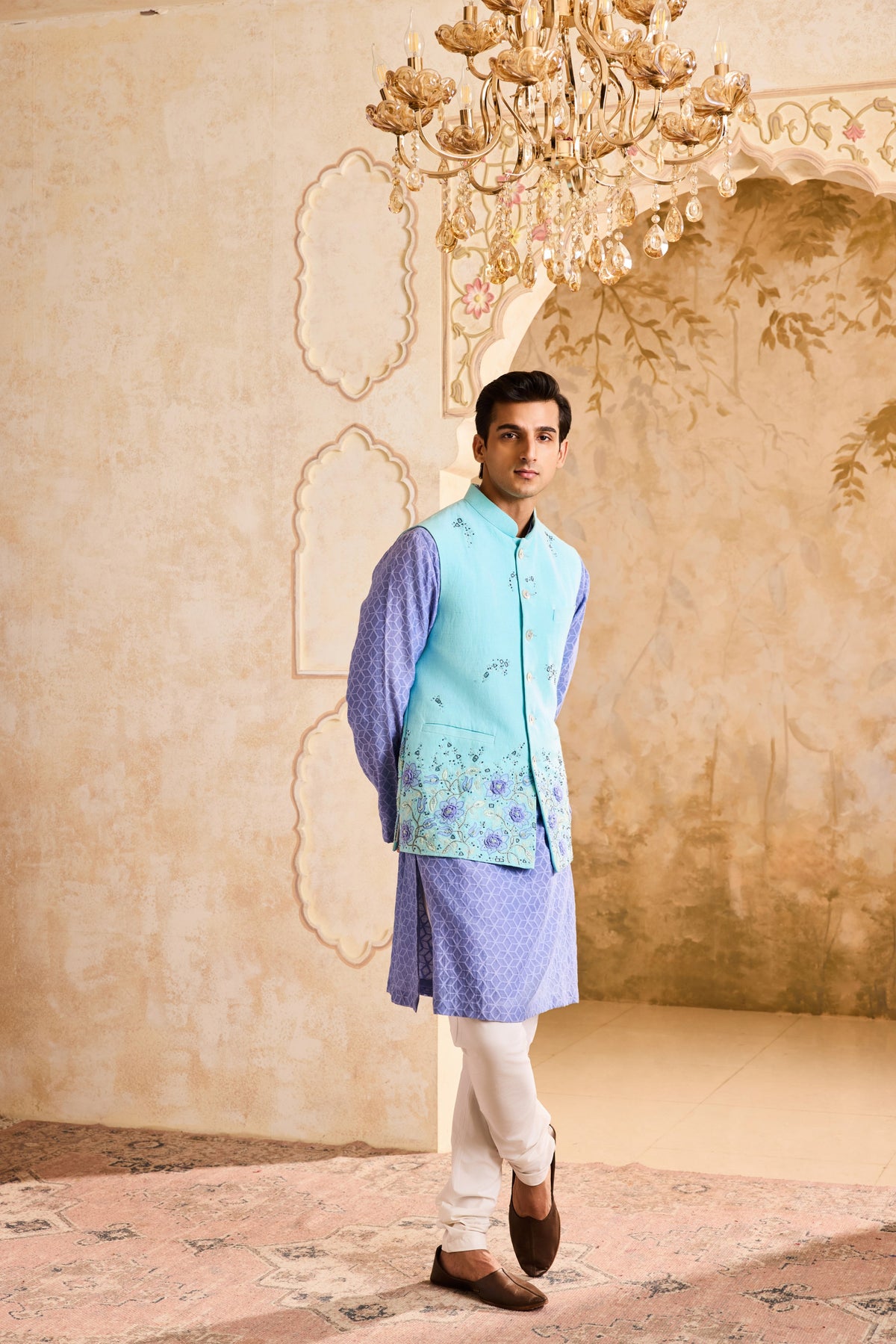 TURQ 3-D EMBROIDERED FLORAL WORK BUNDI WITH BLUE KURTA CHURIDAR