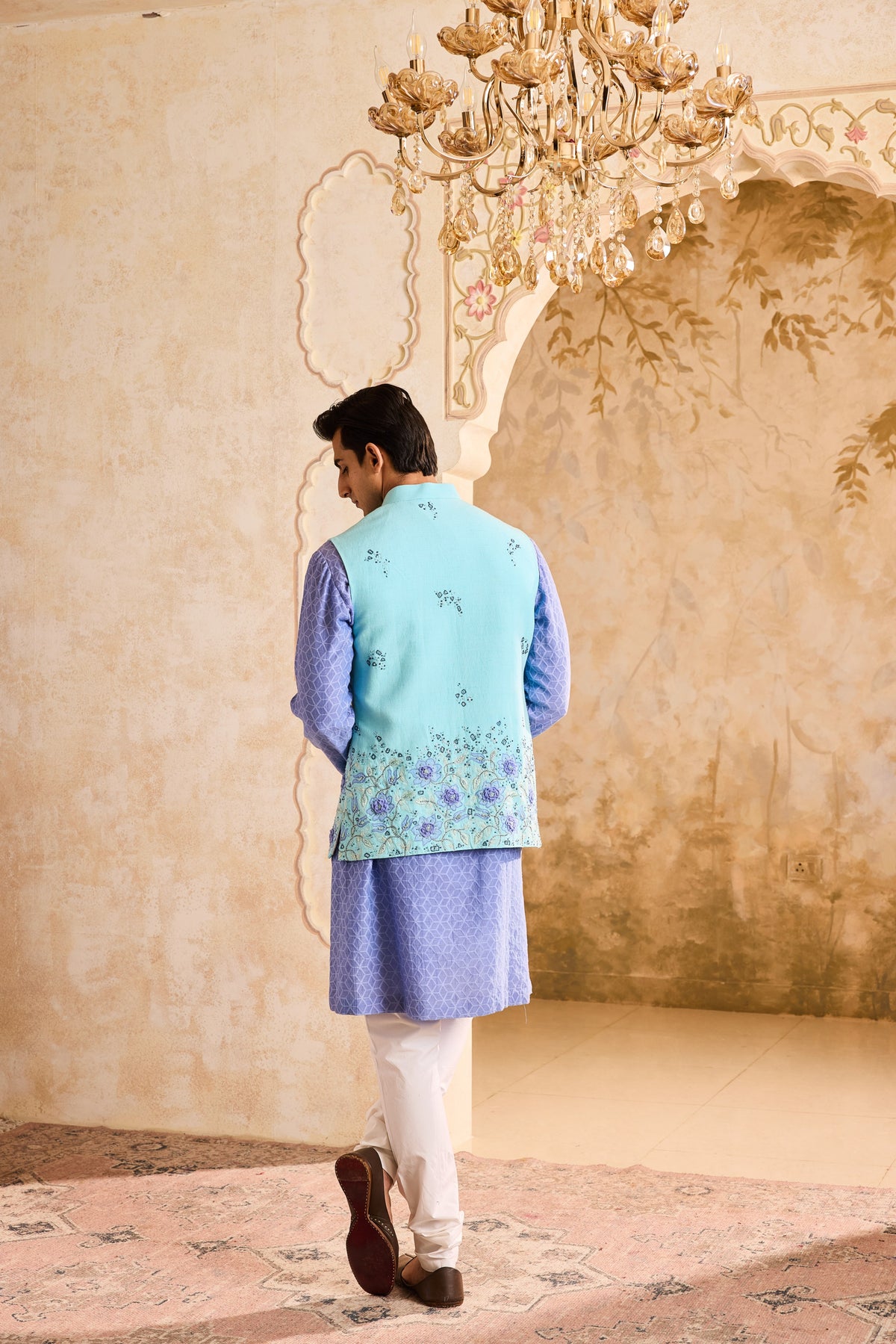 TURQ 3-D EMBROIDERED FLORAL WORK BUNDI WITH BLUE KURTA CHURIDAR
