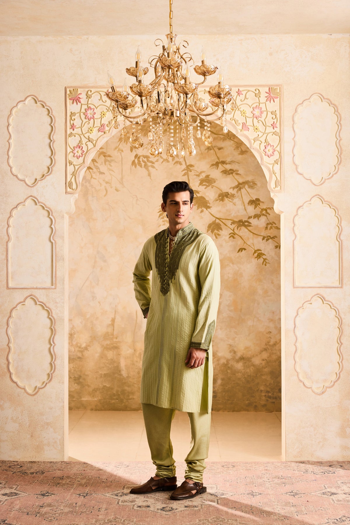 EMBROIDERED SAGE GREEN PINTUCKED KURTA WITH CHURIDAR
