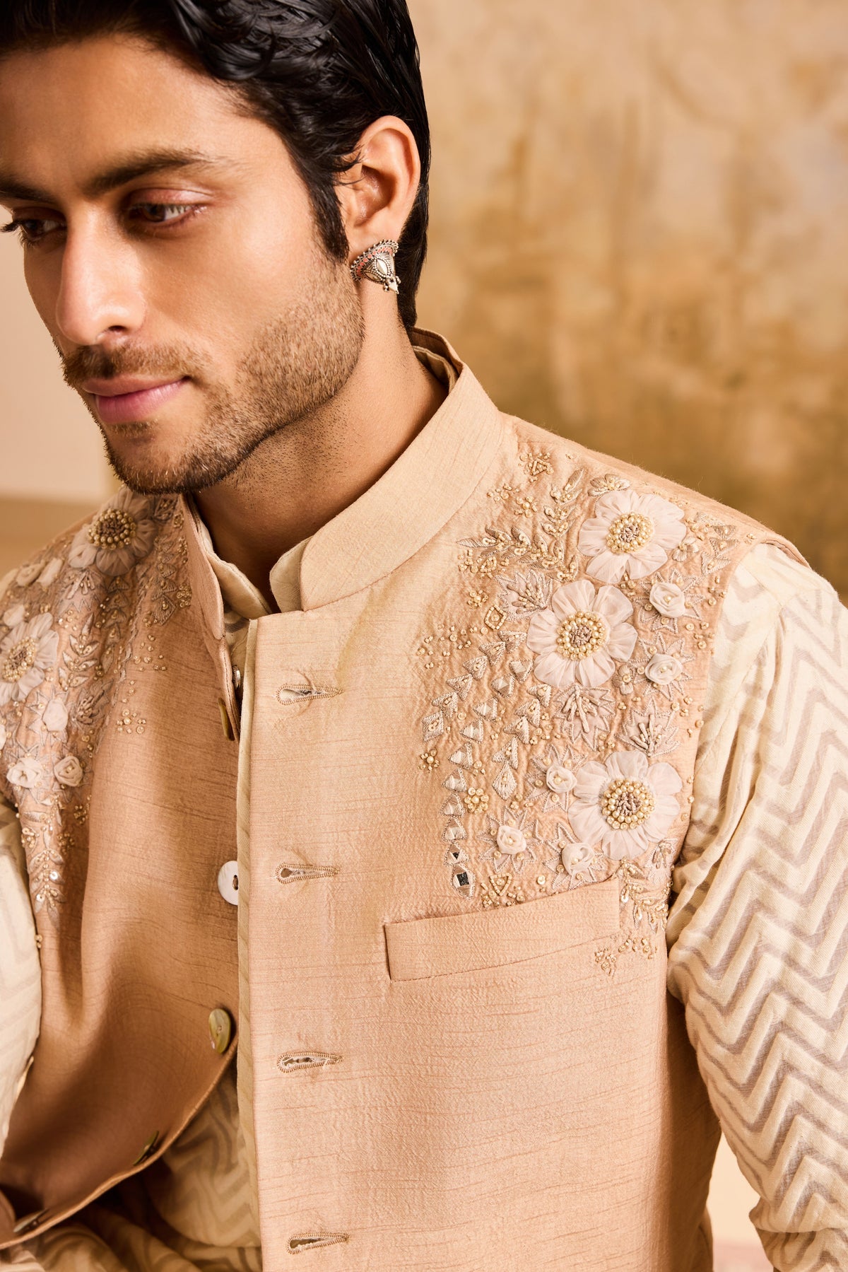 BEIGE 3-D EMBROIDERED FLORAL WORK BUNDI WITH BEIGE KURTA CHURIDAR