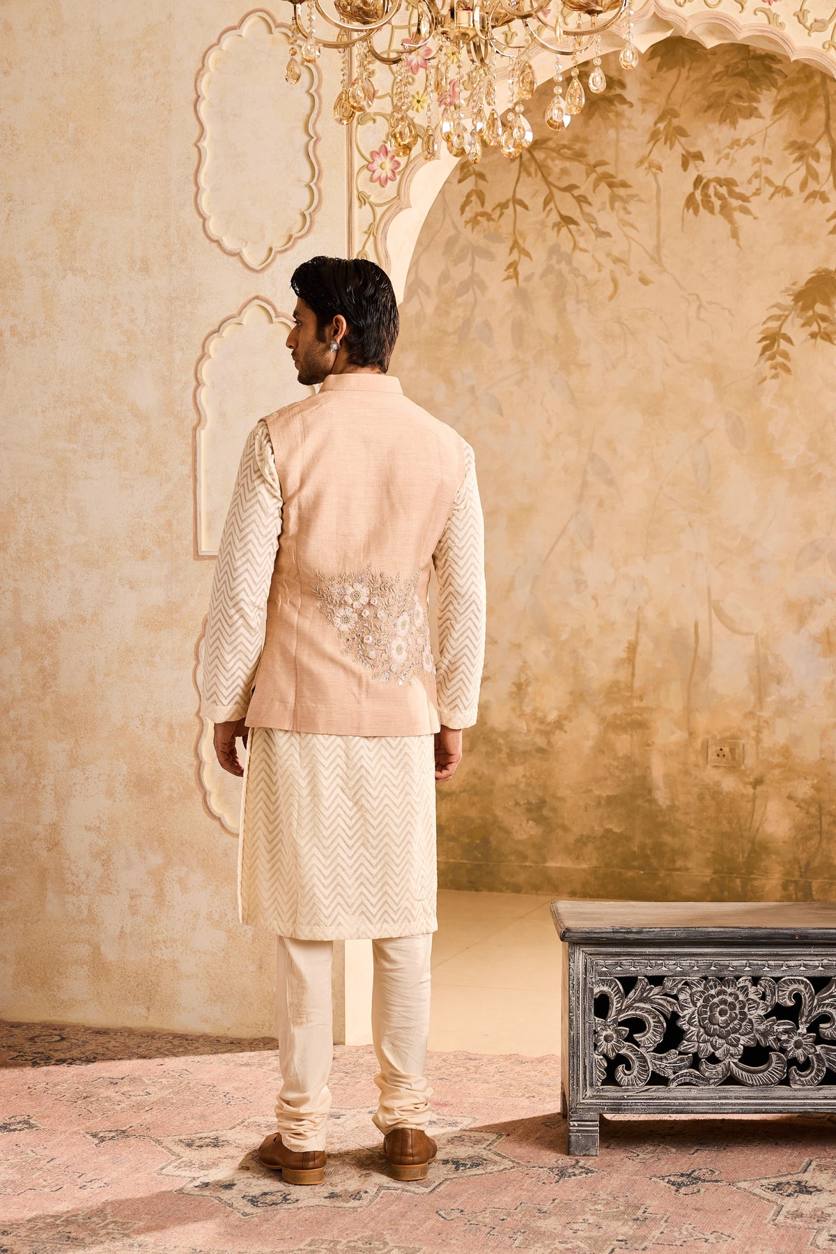 BEIGE 3-D EMBROIDERED FLORAL WORK BUNDI WITH BEIGE KURTA CHURIDAR
