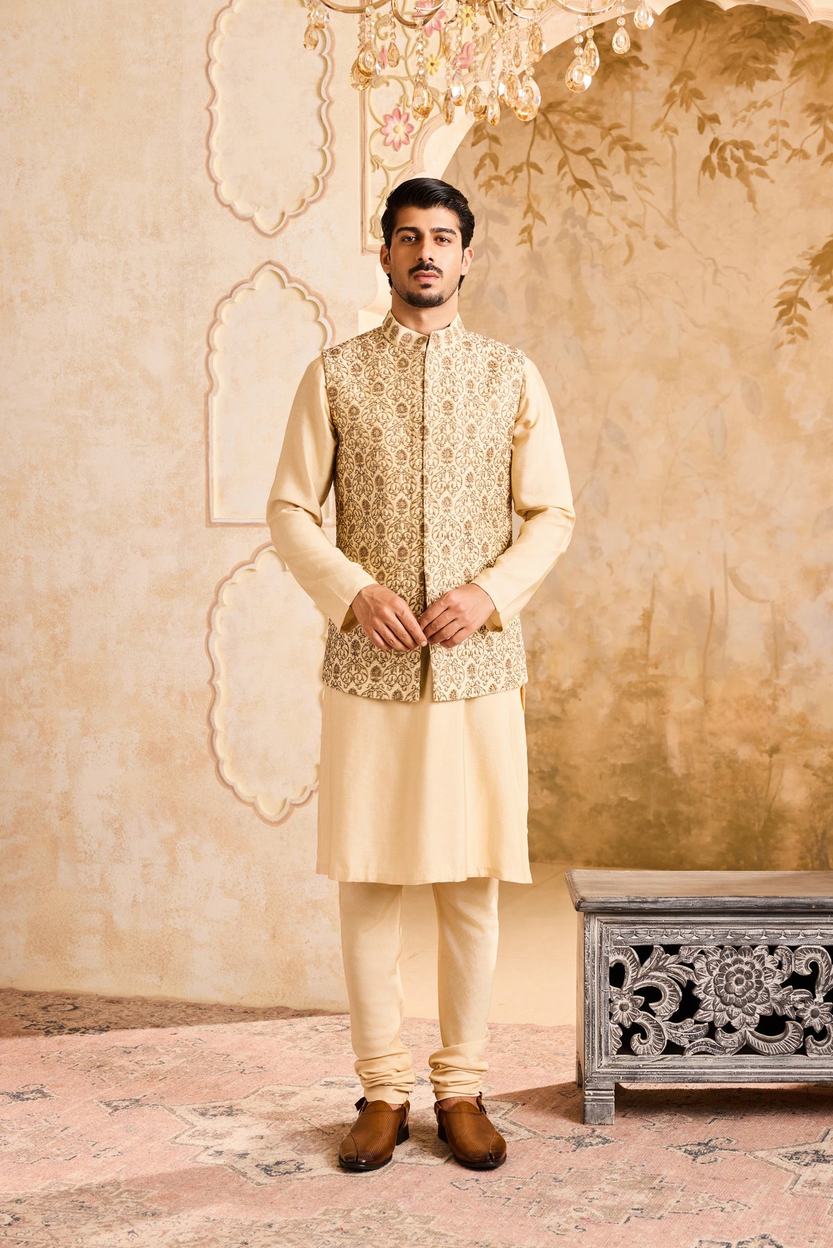 EMBROIDERED BEIGE BUNDI JACKET WITH KURTA AND CHURIDAR