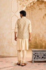 EMBROIDERED BEIGE BUNDI JACKET WITH KURTA AND CHURIDAR