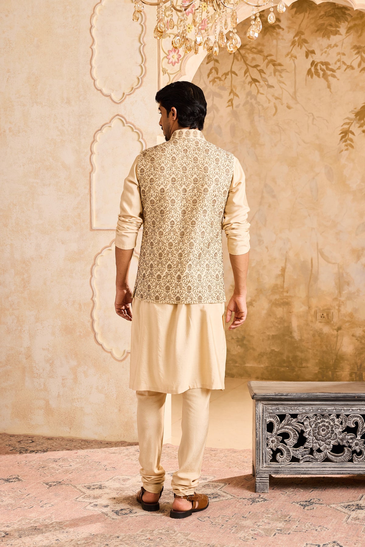 EMBROIDERED BEIGE BUNDI JACKET WITH KURTA AND CHURIDAR