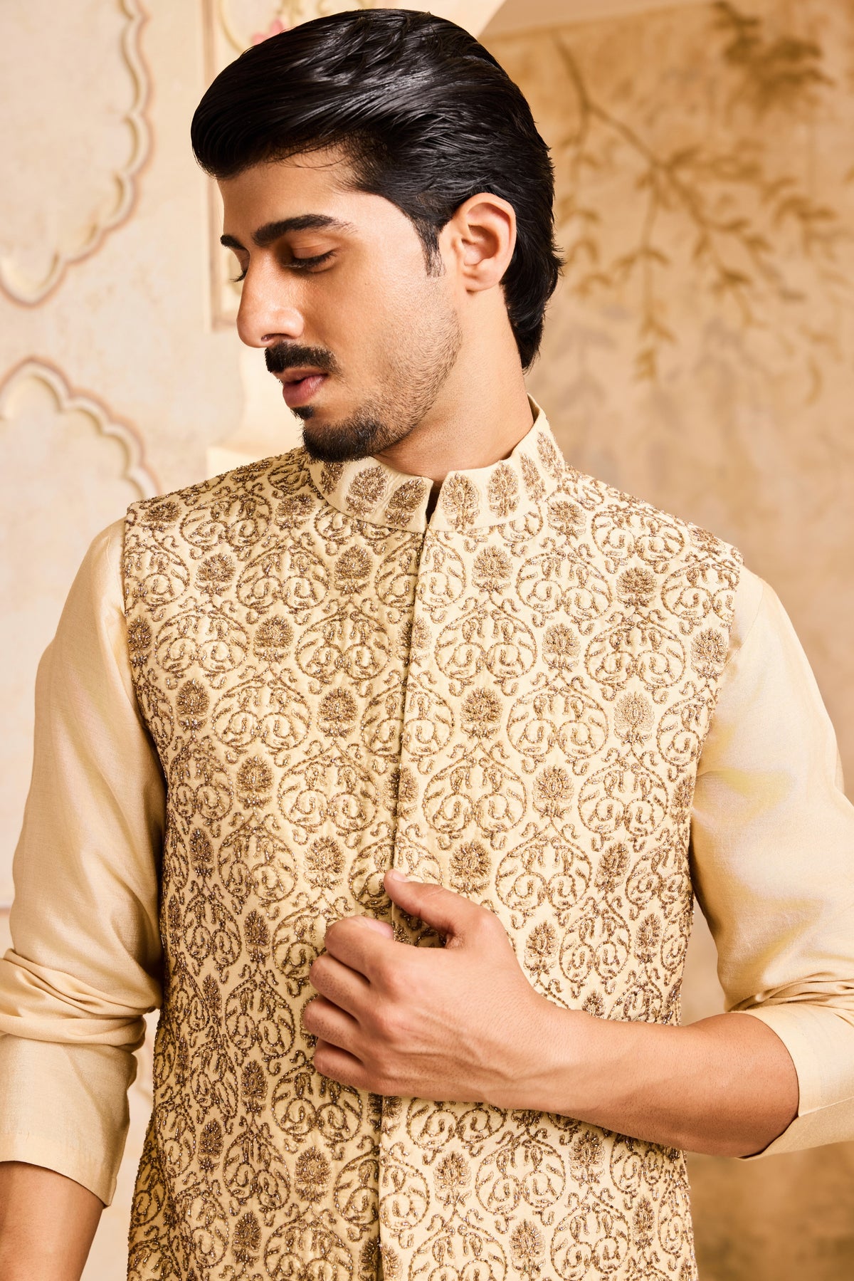 EMBROIDERED BEIGE BUNDI JACKET WITH KURTA AND CHURIDAR