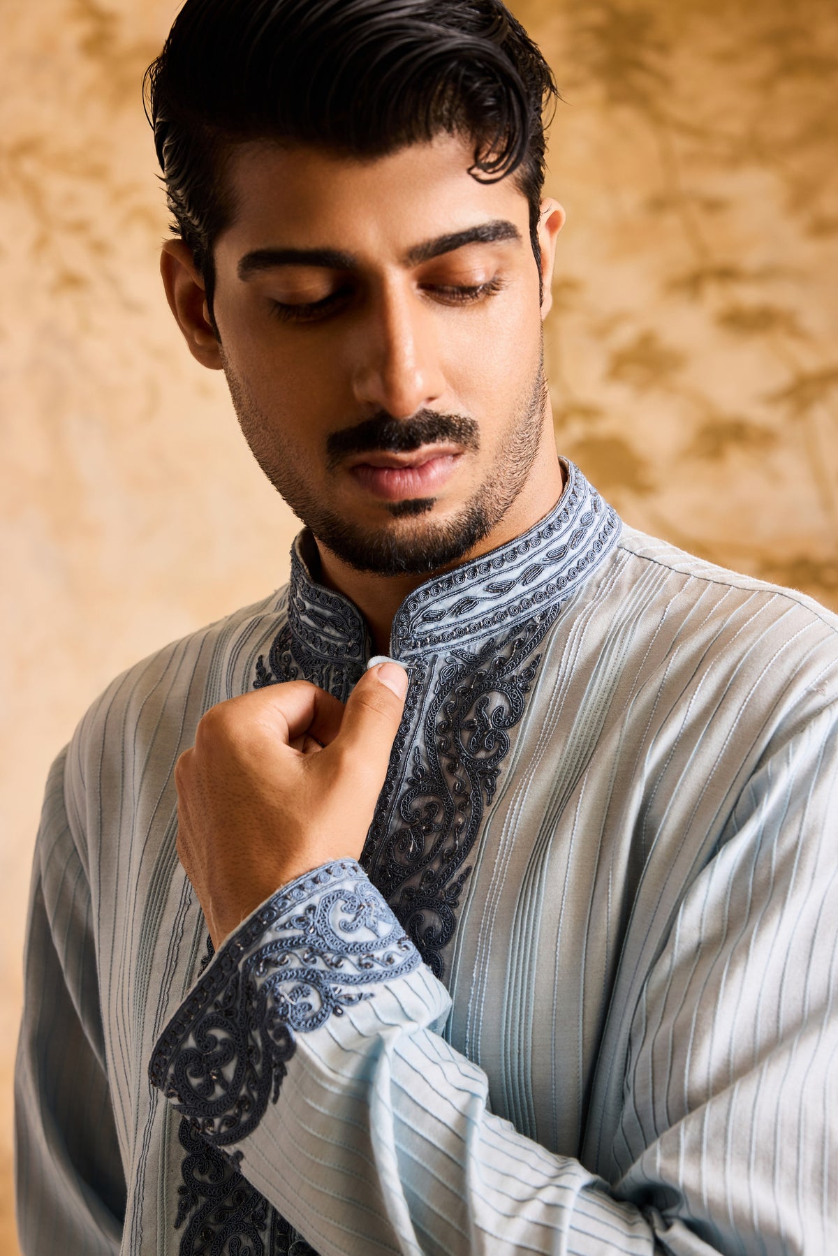 EMBROIDERED LIGHT BLUE PINTUCKED KURTA WITH CHURIDAR