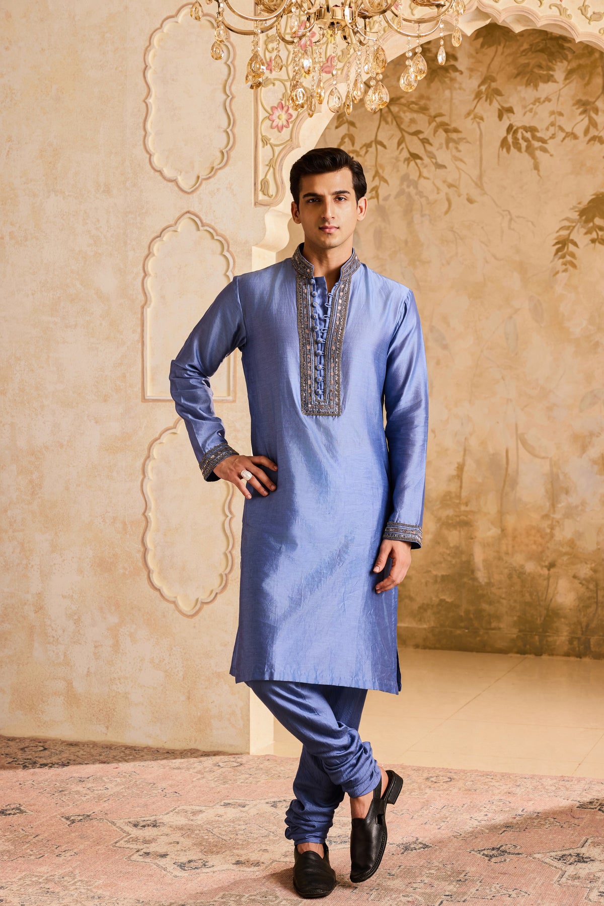 EMBROIDERED BLUE GREY KURTA CHURIDAR