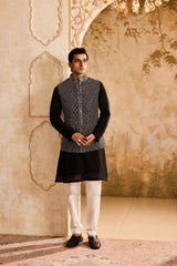 EMBROIDERED BLACK & WHITE BUNDI JACKET WITH KURTA AND PANT