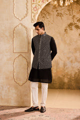 EMBROIDERED BLACK & WHITE BUNDI JACKET WITH KURTA AND PANT