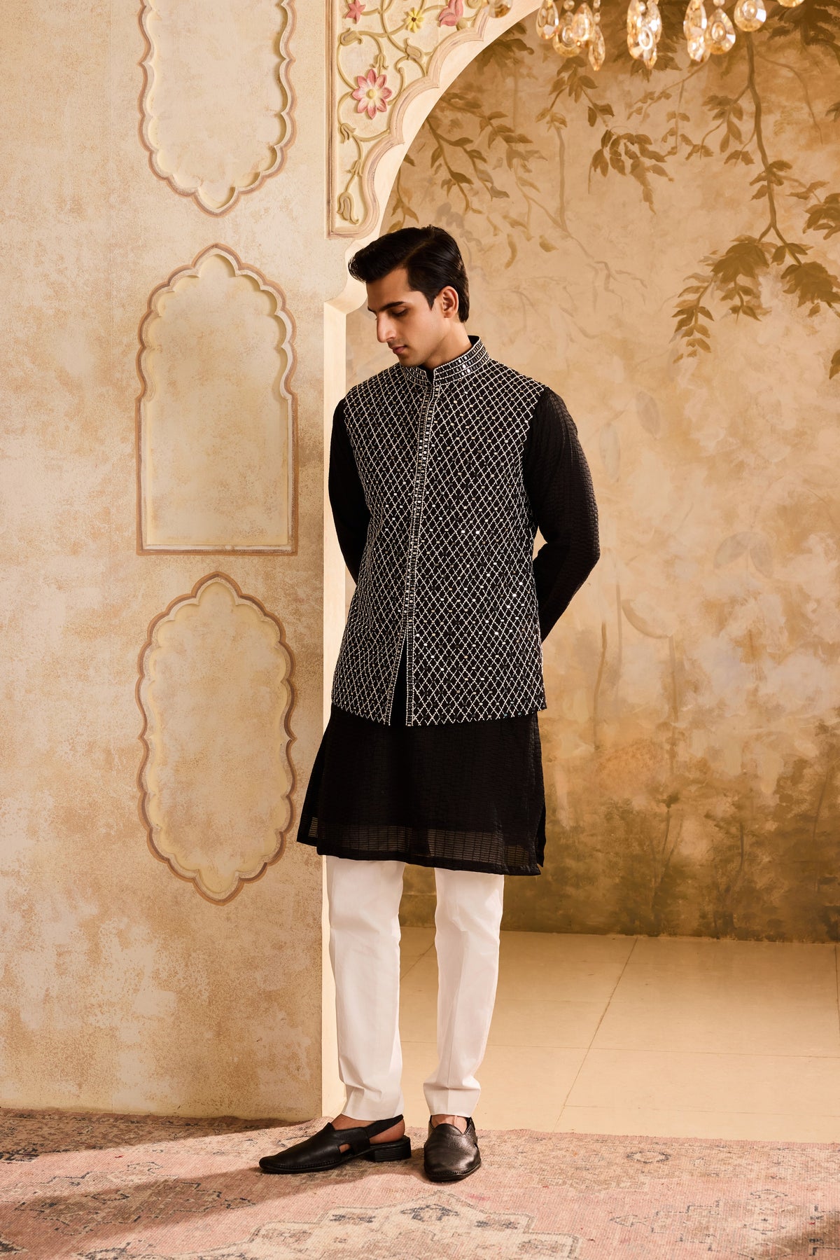 EMBROIDERED BLACK & WHITE BUNDI JACKET WITH KURTA AND PANT