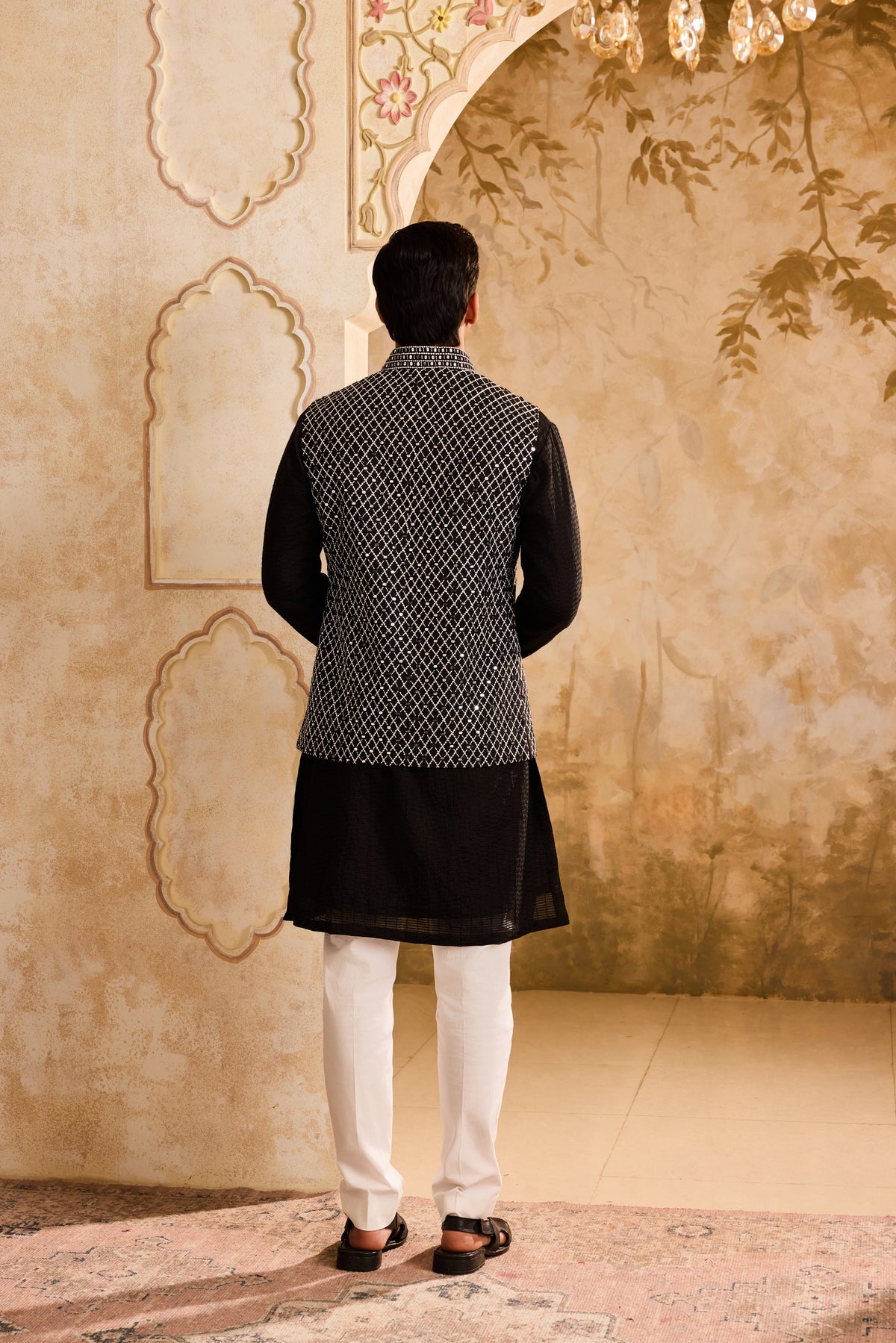 EMBROIDERED BLACK & WHITE BUNDI JACKET WITH KURTA AND PANT