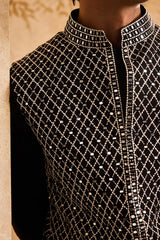EMBROIDERED BLACK & WHITE BUNDI JACKET WITH KURTA AND PANT