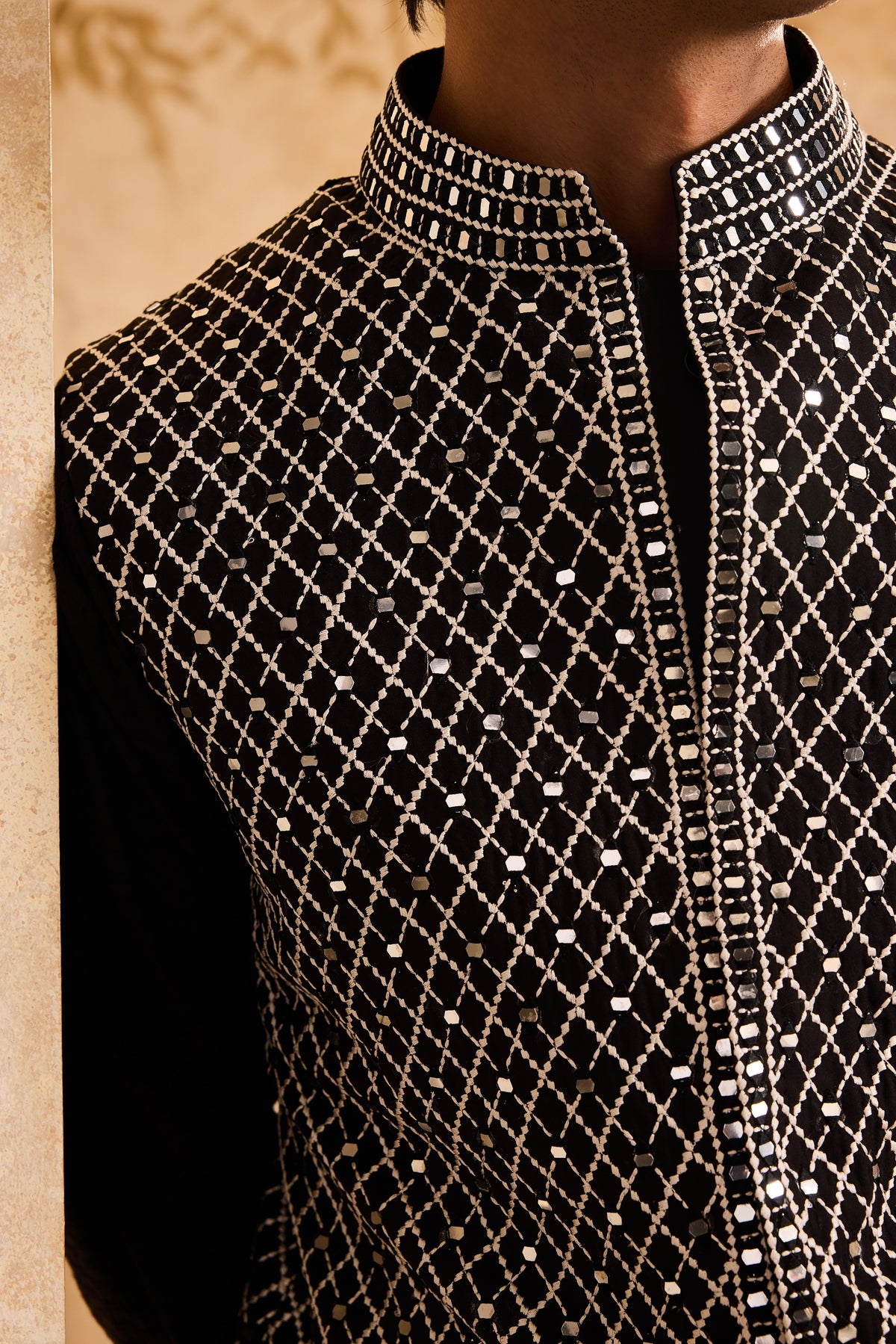 EMBROIDERED BLACK & WHITE BUNDI JACKET WITH KURTA AND PANT
