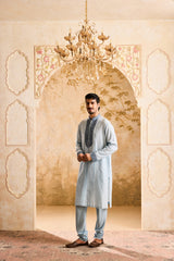 EMBROIDERED LIGHT BLUE PINTUCKED KURTA WITH CHURIDAR